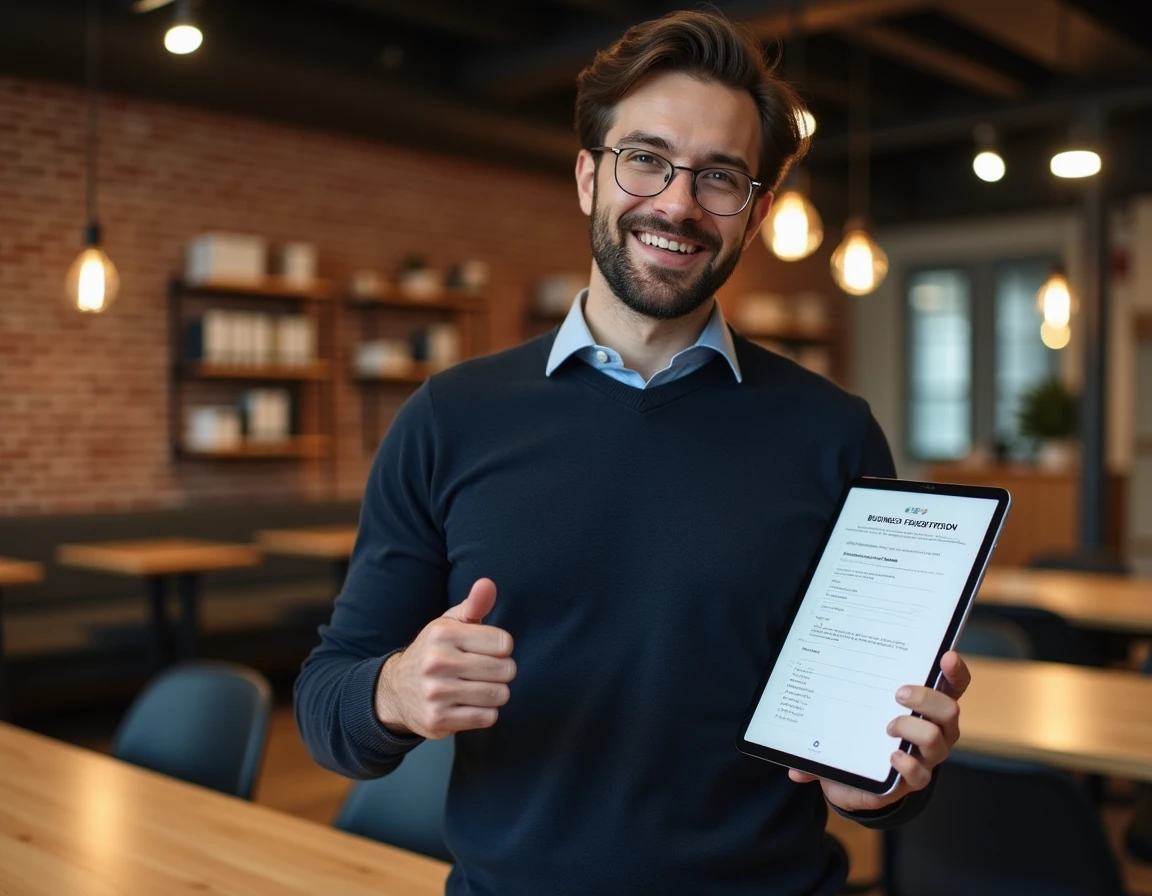 Entrepreneur en espace de coworking présentant les étapes de création d'entreprise via une tablette numérique