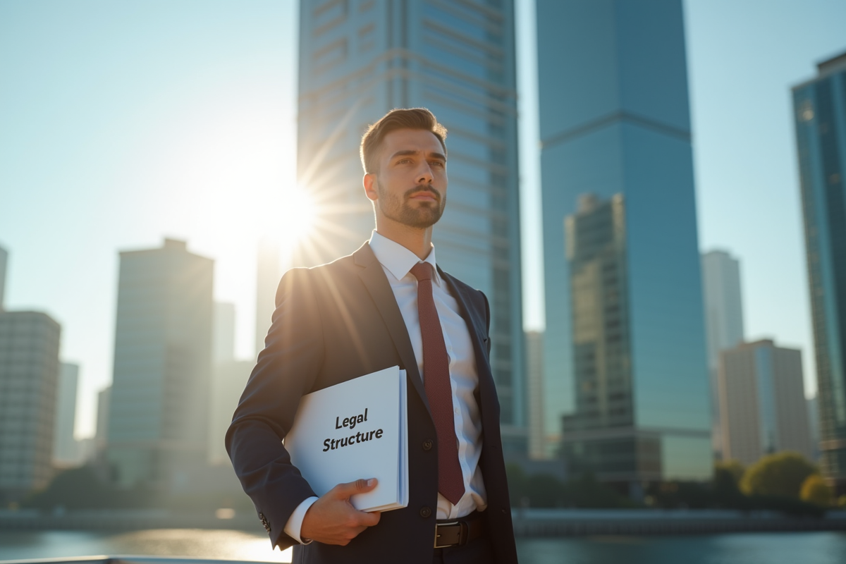Entrepreneur posant devant un grand bâtiment avec la skyline en arrière-plan