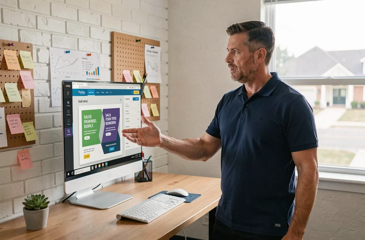 Entrepreneur utilisant une interface IA pour construire un entonnoir de vente persuasif depuis son bureau à domicile