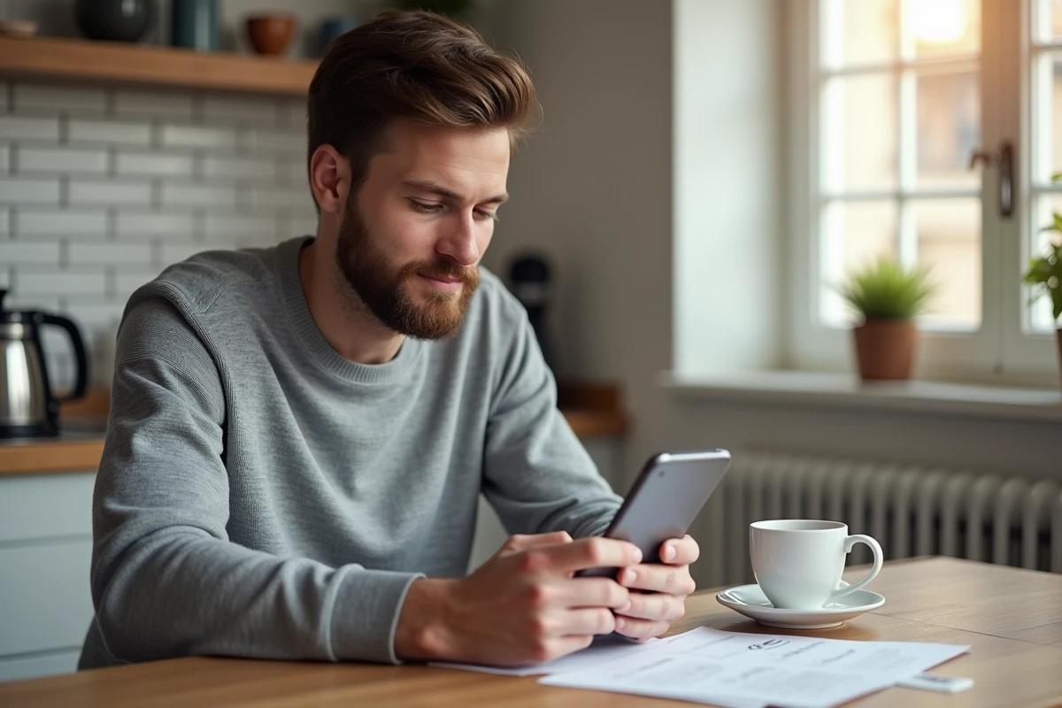 Jeune entrepreneur téléchargeant son Kbis via Pappers sur smartphone depuis chez lui pour sa banque