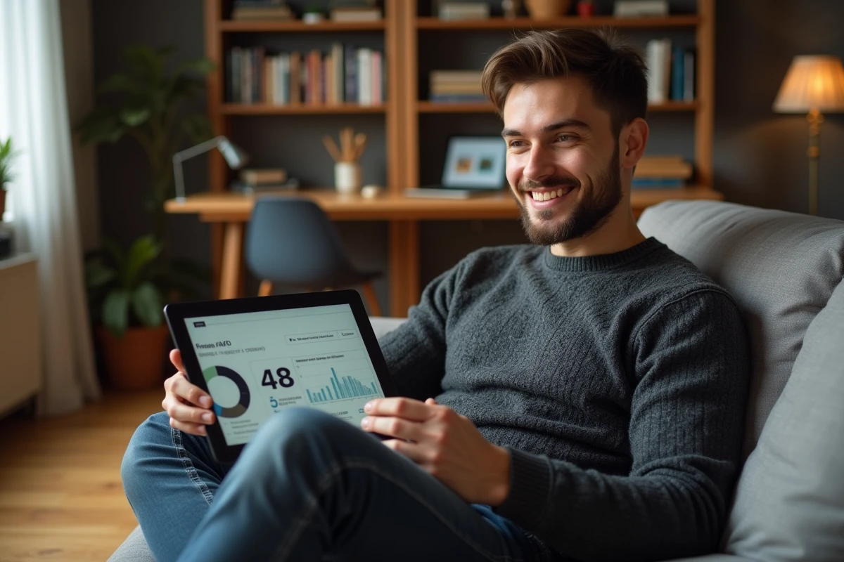 Jeune entrepreneur consultant un tableau de bord de rentabilité sur tablette depuis son bureau à domicile