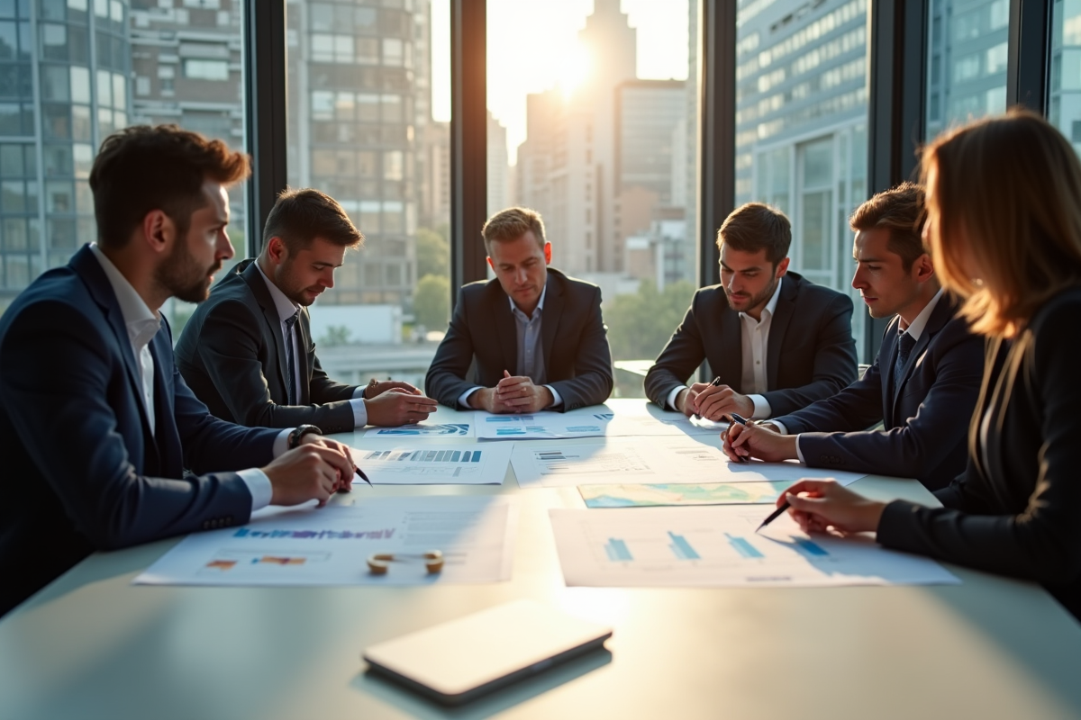 Groupe de professionnels analysant des graphiques en réunion