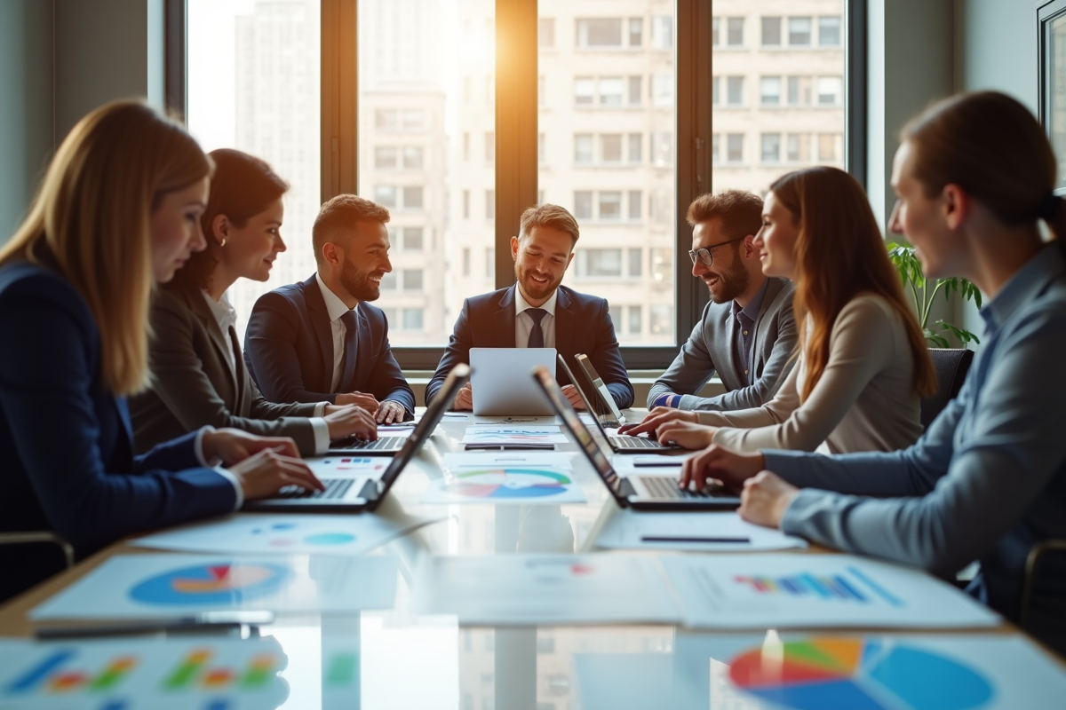 Equipe diverse analysant des données de campagne