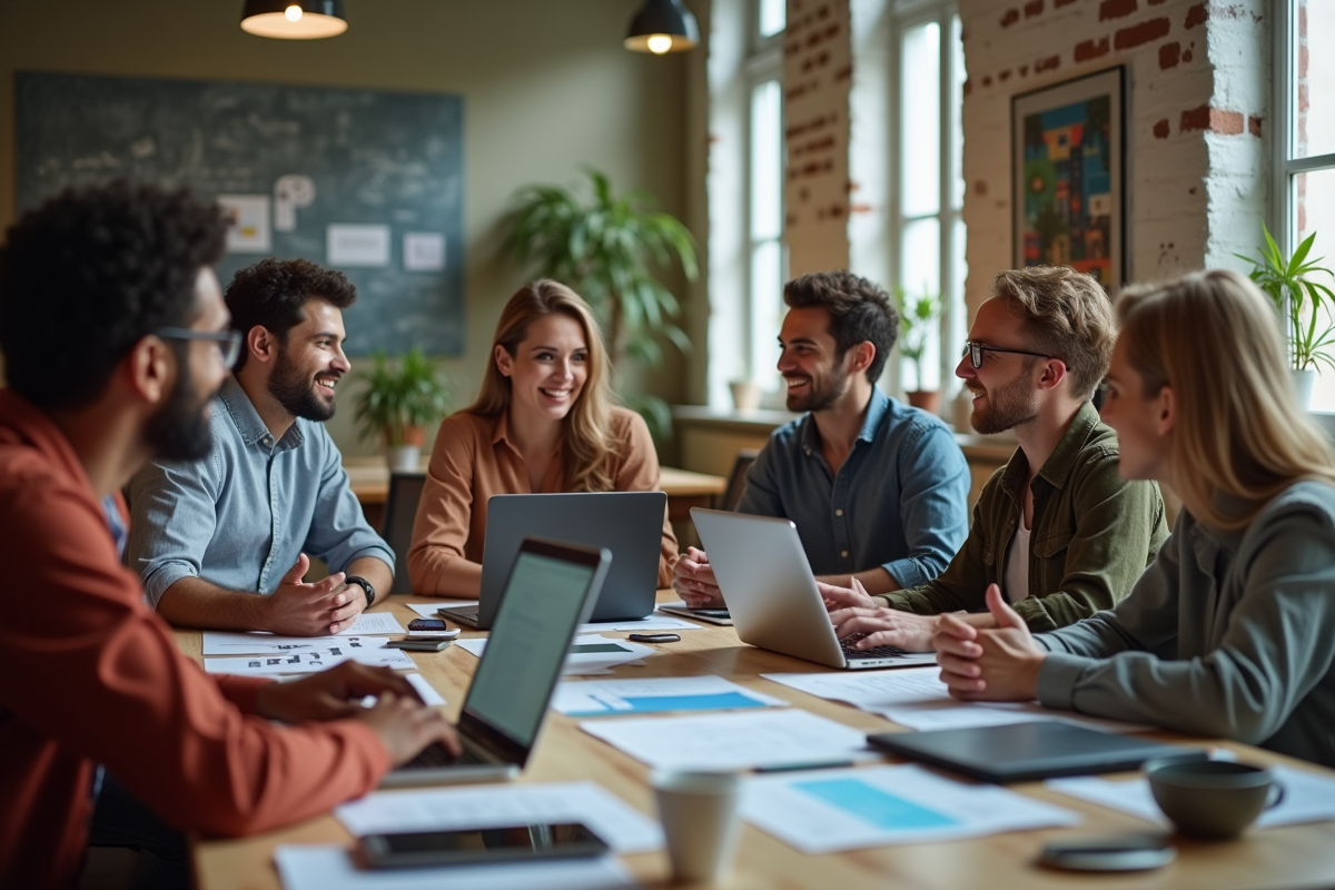 Equipe créative collaborant autour d une table en réunion