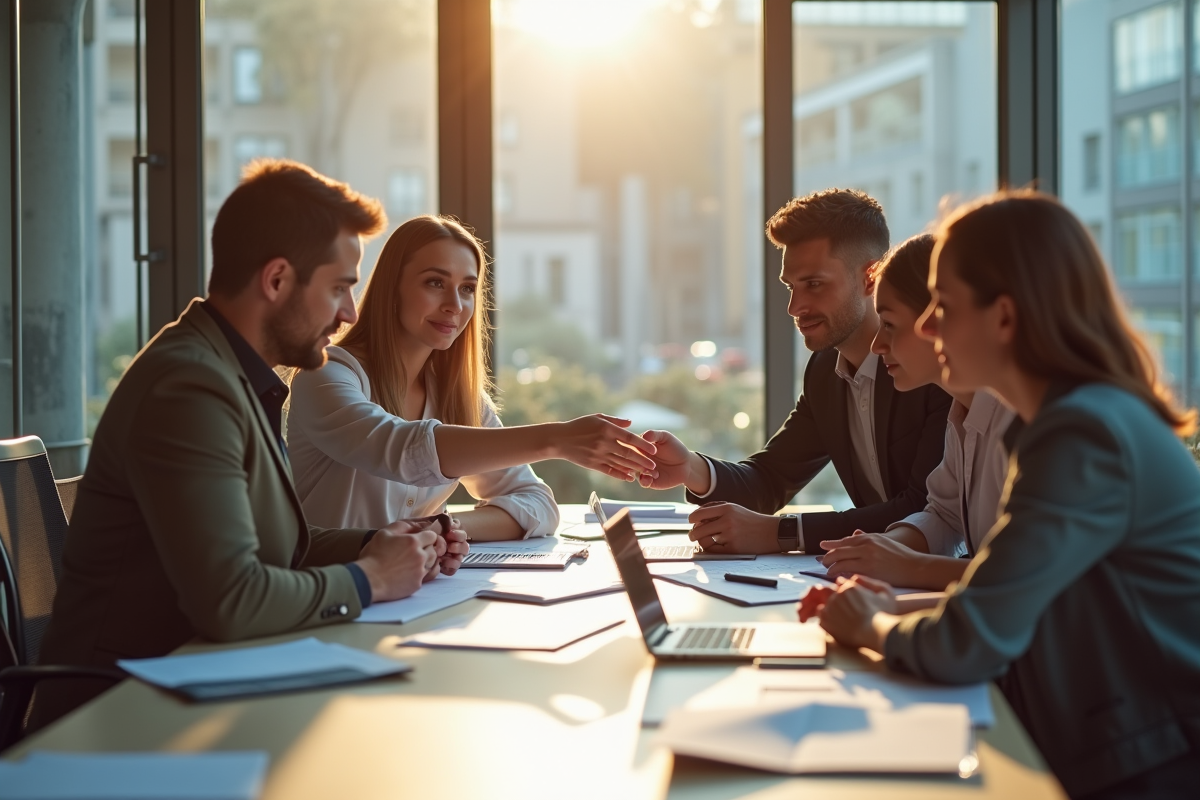 Groupe de professionnels collaborant dans un bureau lumineux