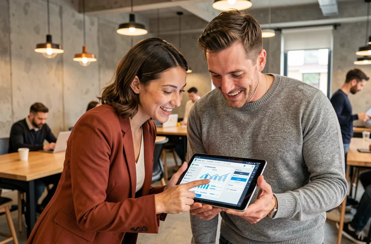 Équipe marketing collaborant sur un outil IA pour générer rapidement des pages de vente persuasives en espace de coworking