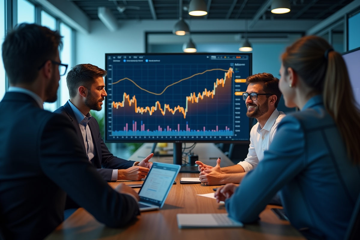 Groupe de professionnels discutant des tendances bitcoin