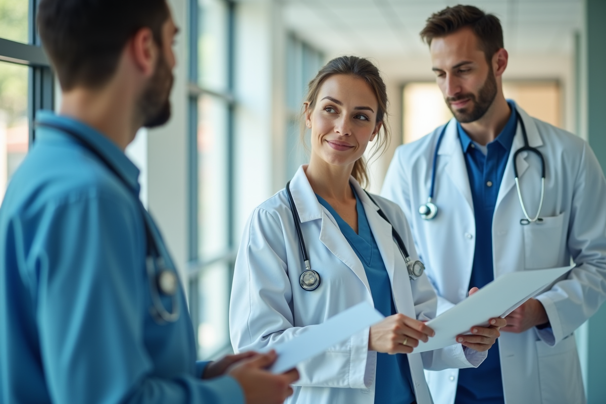 équipe médicale diverse dans un couloir lumineux