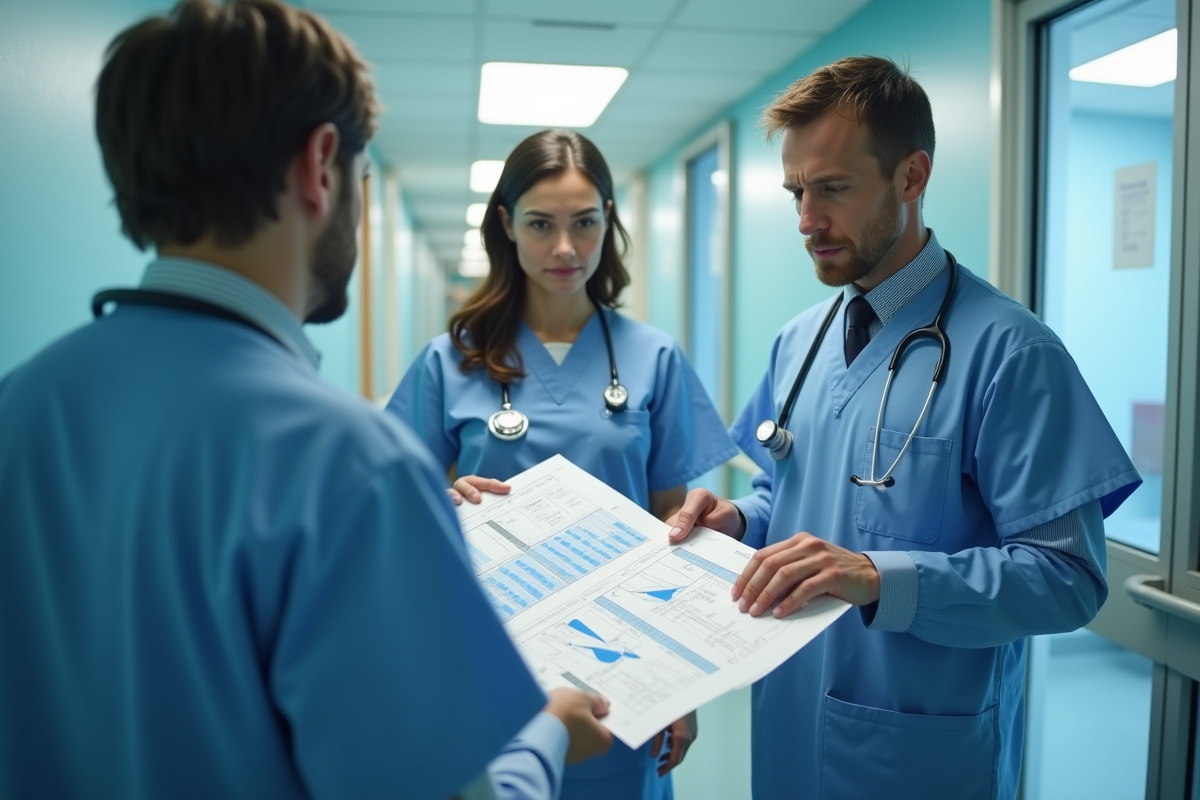 Équipe médicale en discussion dans un couloir d'hôpital