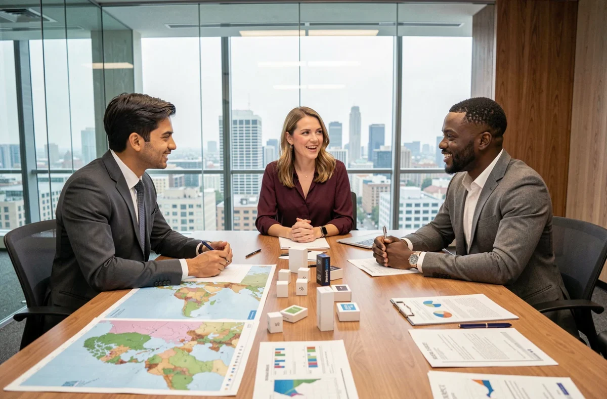 Équipe multiculturelle de professionnels en réunion stratégique autour d'une table avec cartes du monde et documents