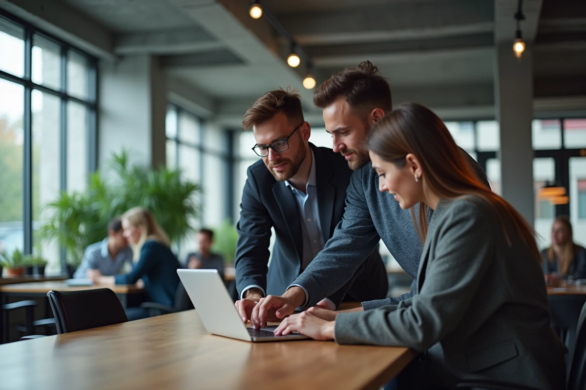 Équipe de PME collaborant autour d'une interface Connexaflow sur tablette dans un espace de coworking