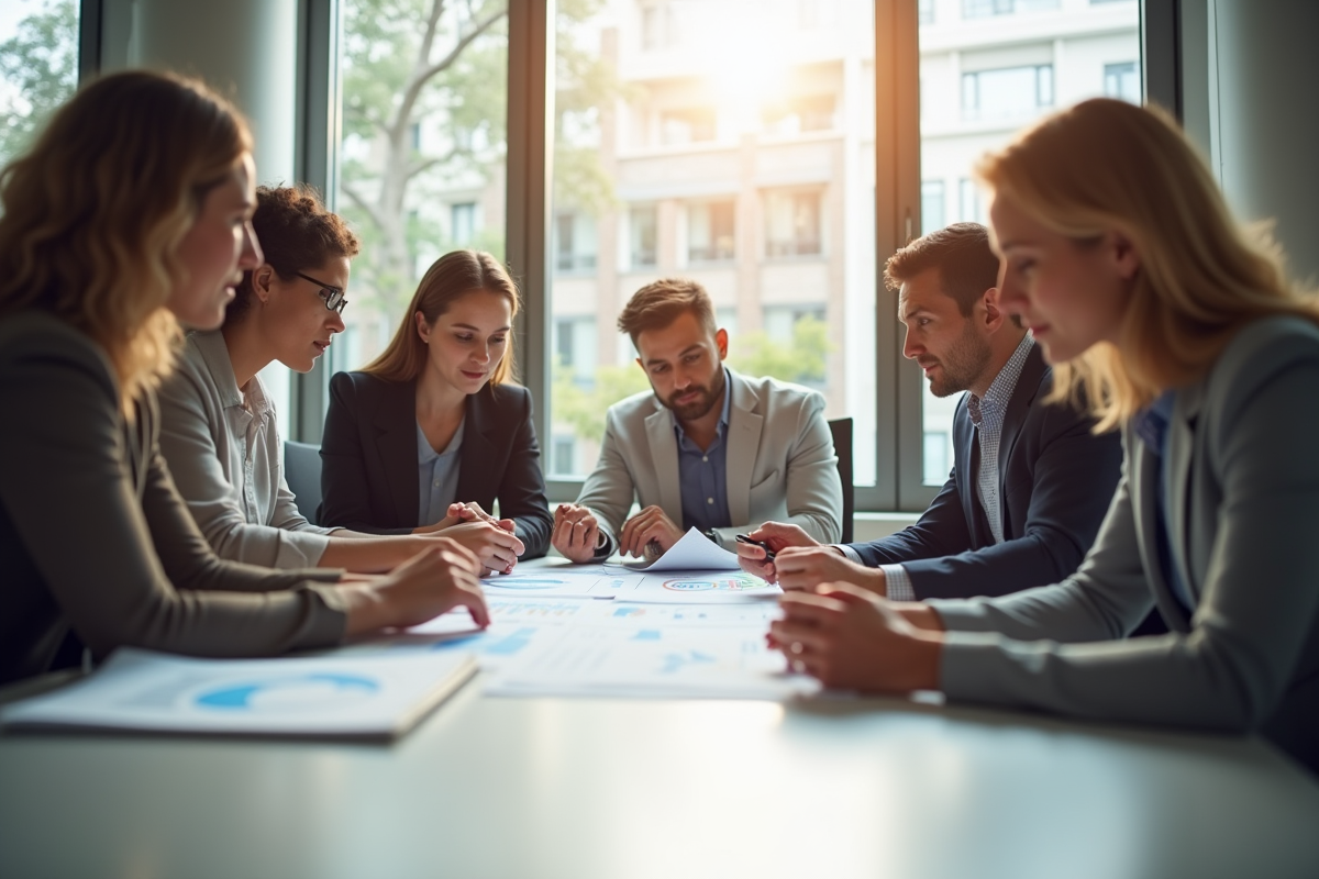 Groupe de professionnels lors d'une réunion dans un bureau lumineux
