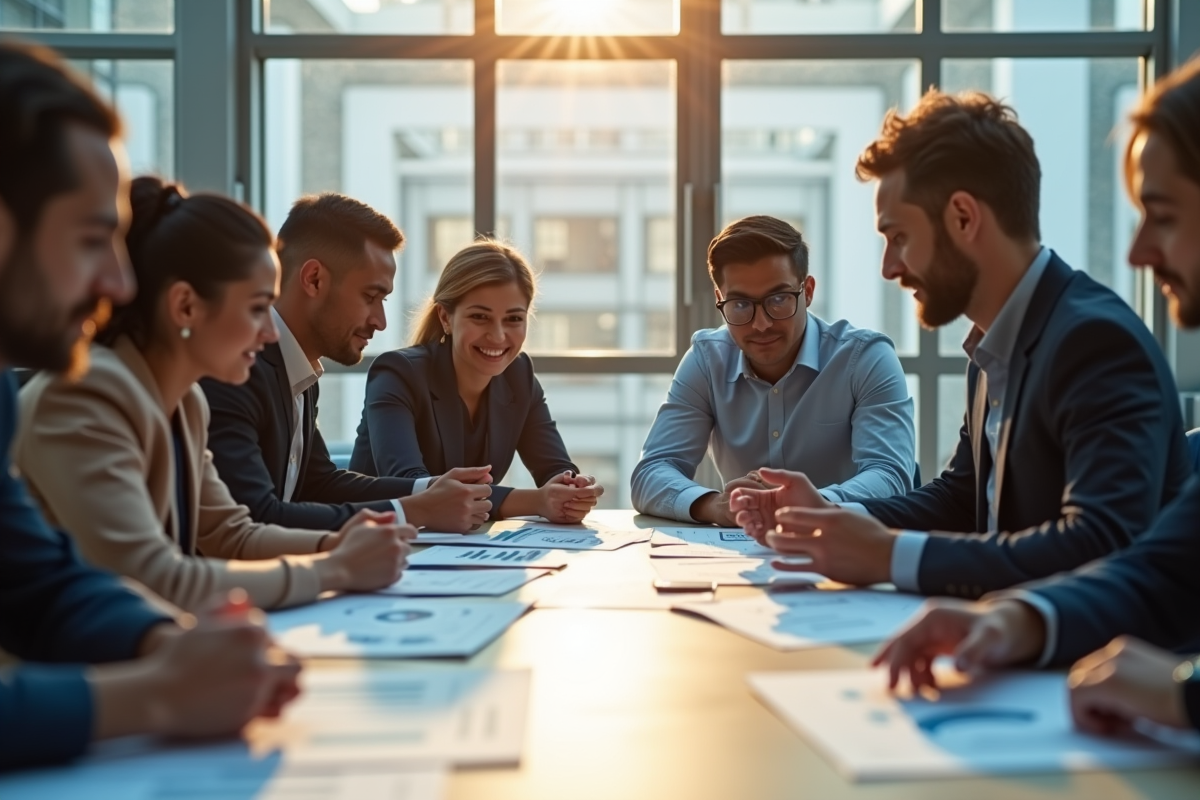 Groupe de professionnels analysant des données dans un bureau lumineux