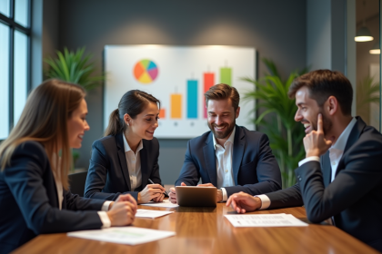 Groupe de professionnels en r&eacute;union dans un bureau moderne