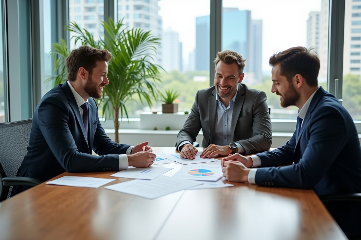 Groupe de professionnels examine des documents en réunion