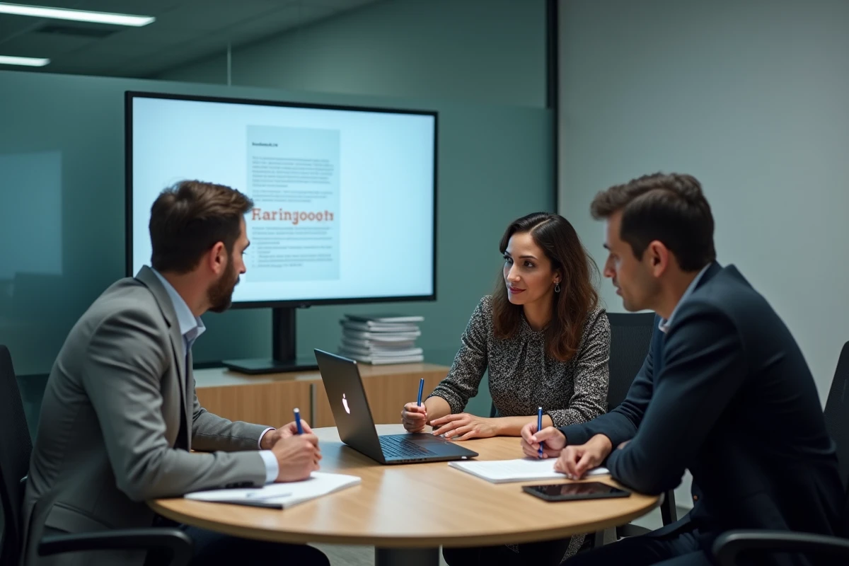 Équipe professionnelle en réunion de crise consultant une note de service interne sur ordinateur portable