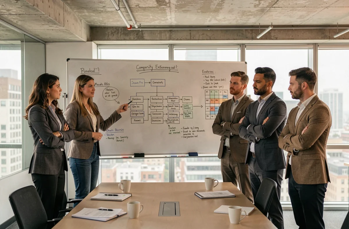 Équipe de professionnels analysant des organigrammes hiérarchiques lors d'une réunion d'entreprise, débat sur la gestion des compétences et le principe de Peter