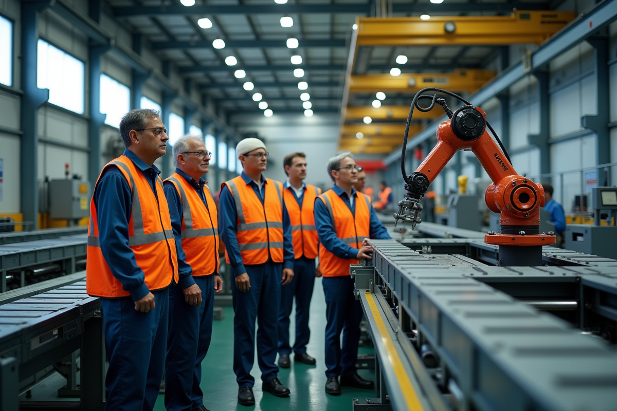Groupe de travailleurs observant une ligne de production robotisée