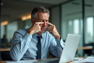 Cadre B2B frustré devant une présentation mal conçue, illustrant les erreurs qui nuisent à l'image de marque en entreprise