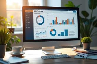 Espace de travail moderne avec écran d'analyses SEO