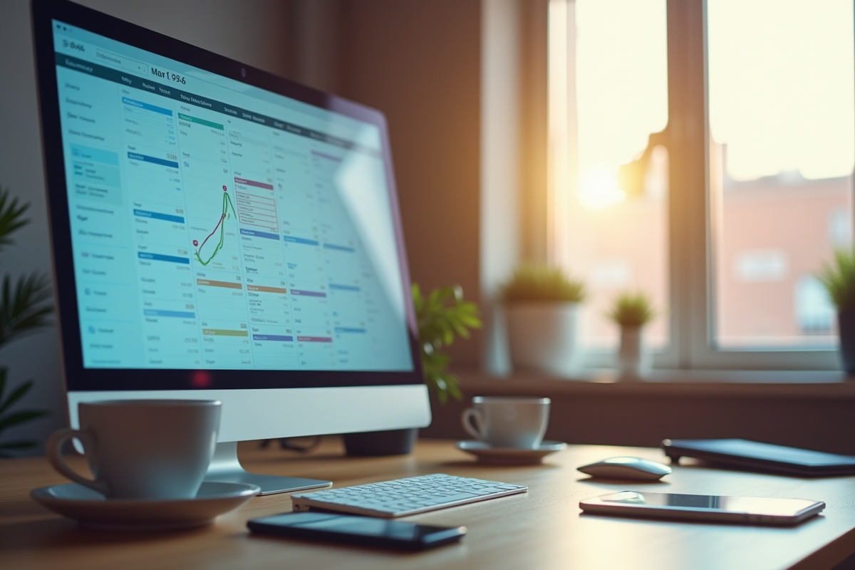Espace de travail moderne avec calendrier digital affichant planning social media