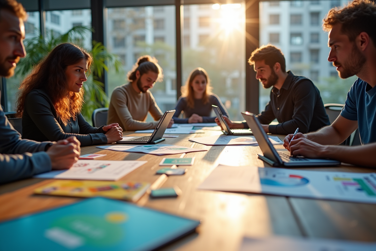 Espace de travail moderne avec équipe créative autour d'une table