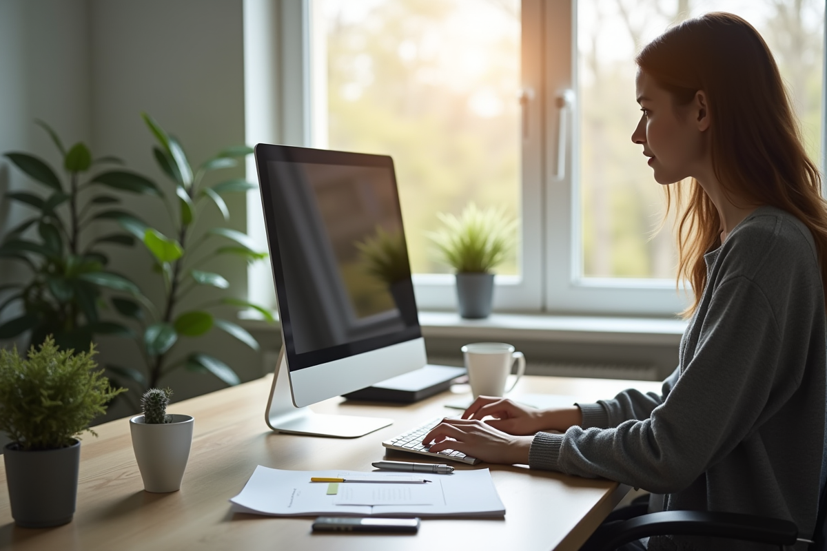 Espace de travail organisé avec personne travaillant