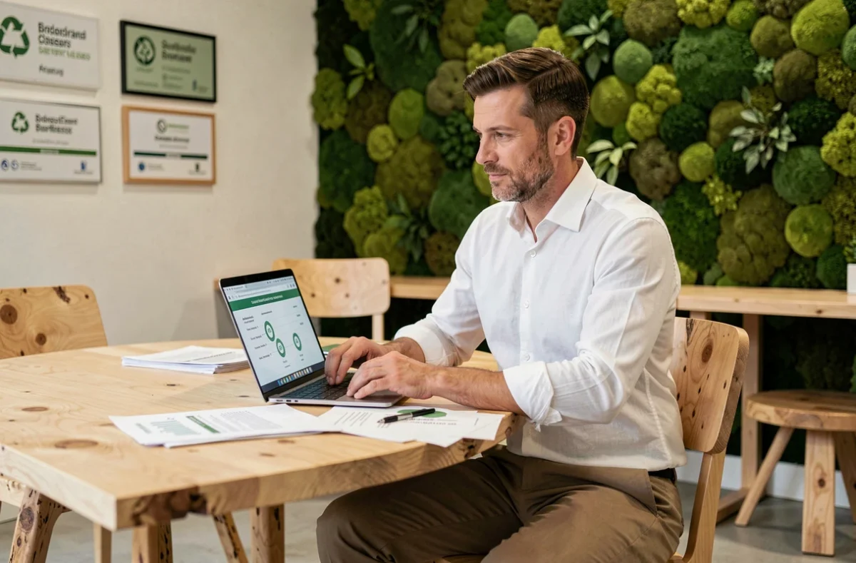 Consultant de l'agence Ethiko travaillant sur des stratégies de marketing éthique et durable dans un bureau éco-responsable
