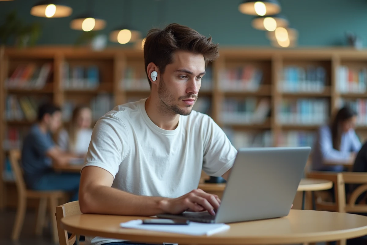 Étudiant en train de travailler en ligne dans une bibliothèque universitaire pour compléter ses revenus