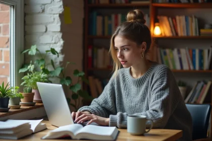 Étudiante travaillant sur son ordinateur portable dans un appartement étudiant pour gagner de l'argent en ligne
