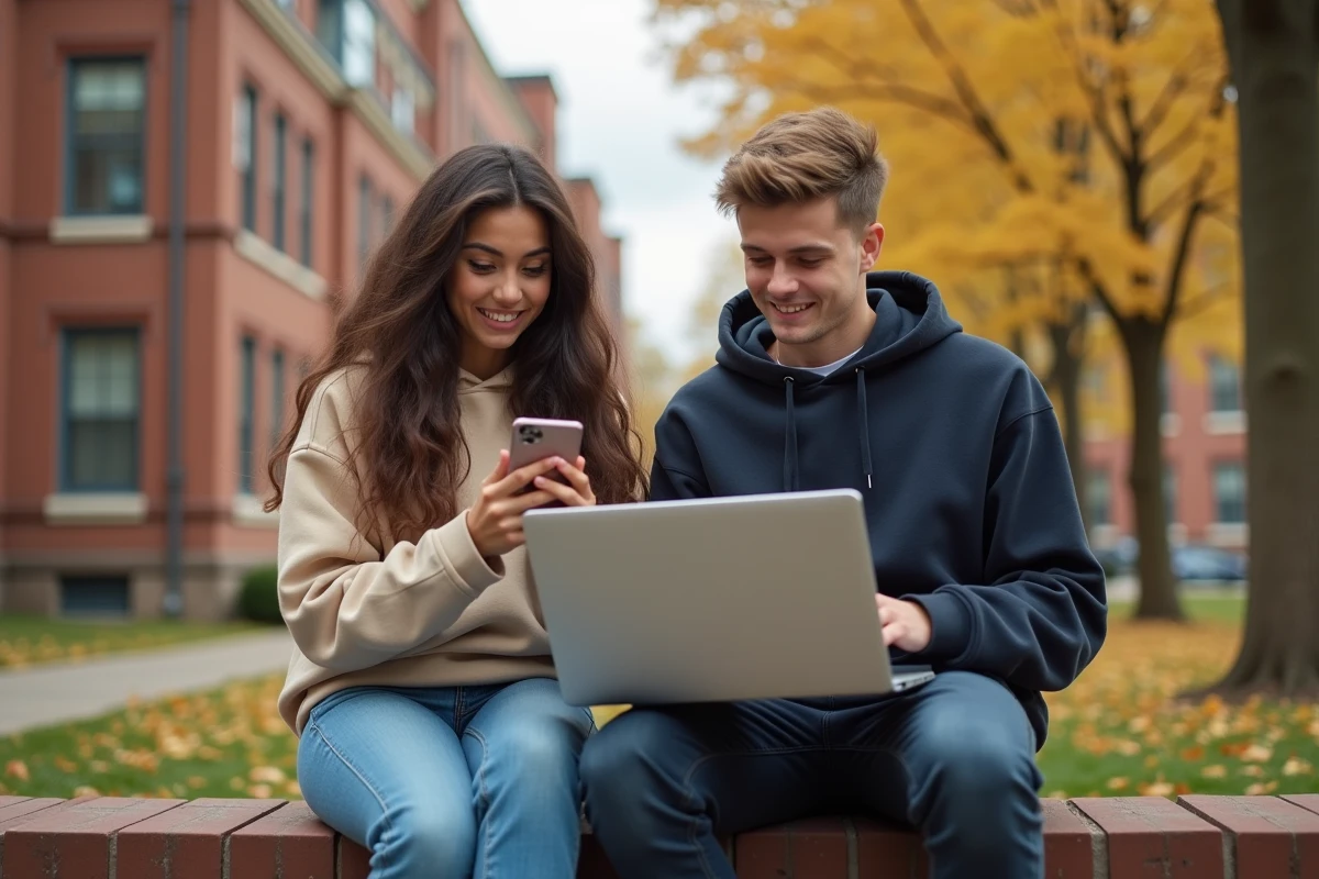 Deux étudiants consultant des opportunités de travail en ligne sur un campus universitaire en automne