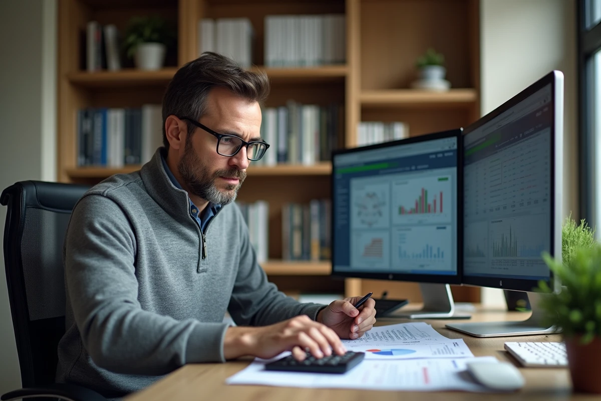 Expert-comptable travaillant sur des tableaux financiers et une plateforme numérique en ligne depuis son bureau à domicile