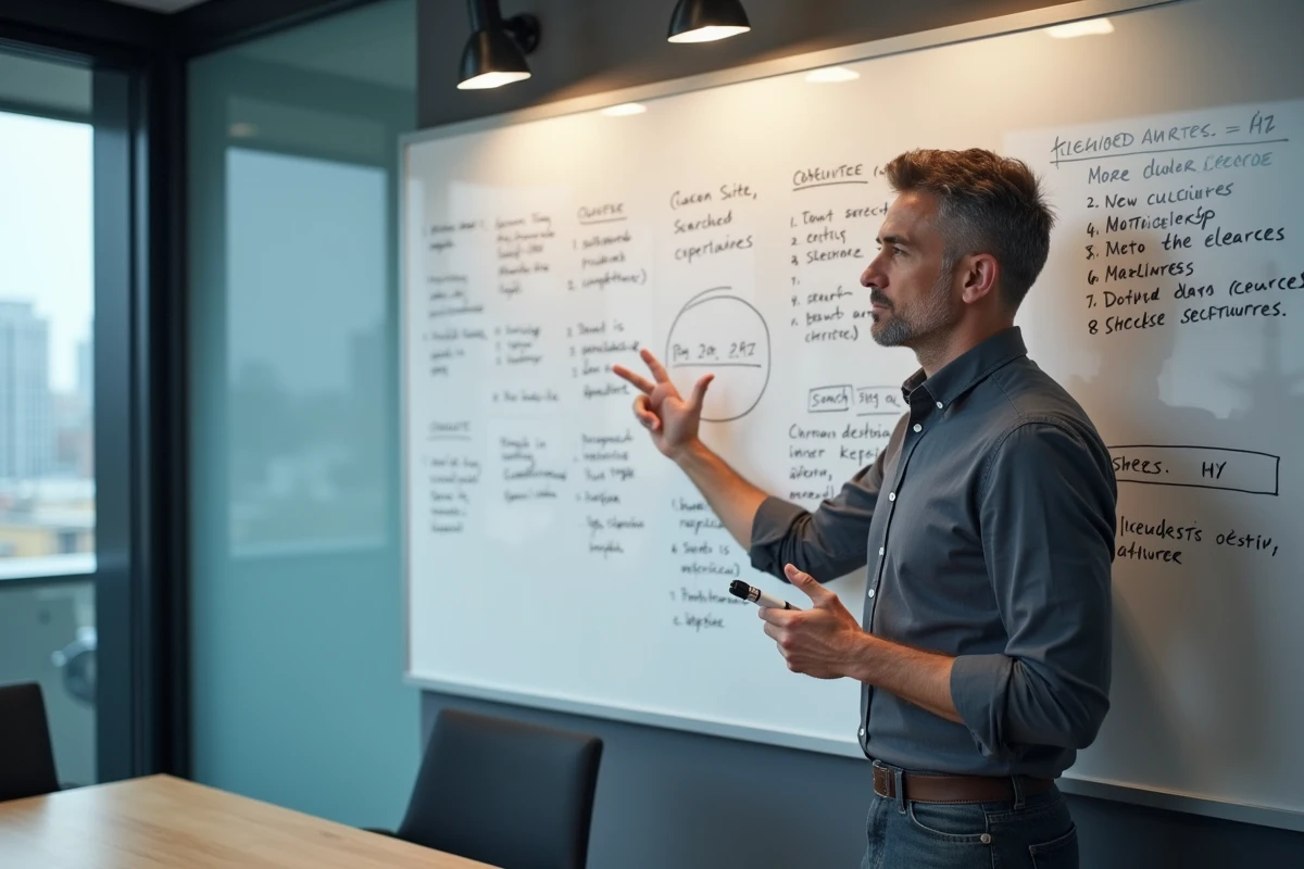 Expert en r&eacute;f&eacute;rencement analysant des donn&eacute;es de mots-cl&eacute;s sur un tableau blanc en salle de r&eacute;union