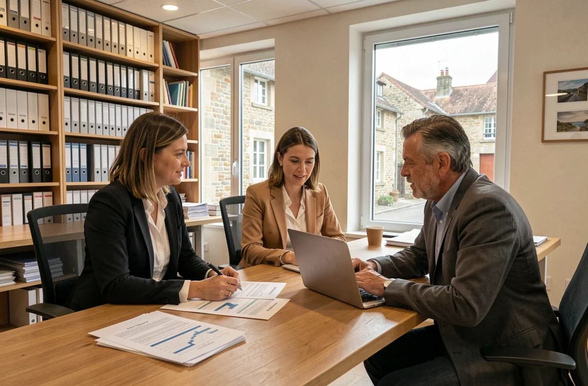 Vue d'ensemble d'un cabinet d'expertise comptable moderne en Bourgogne-Franche-Comté avec des professionnels en discussion