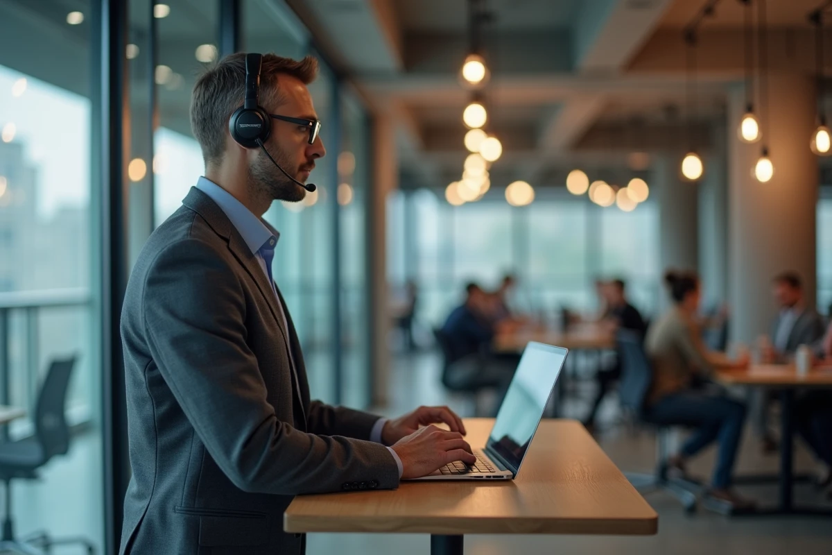 Responsable d'entreprise gérant des tâches administratives externalisées en télétravail depuis un espace de coworking