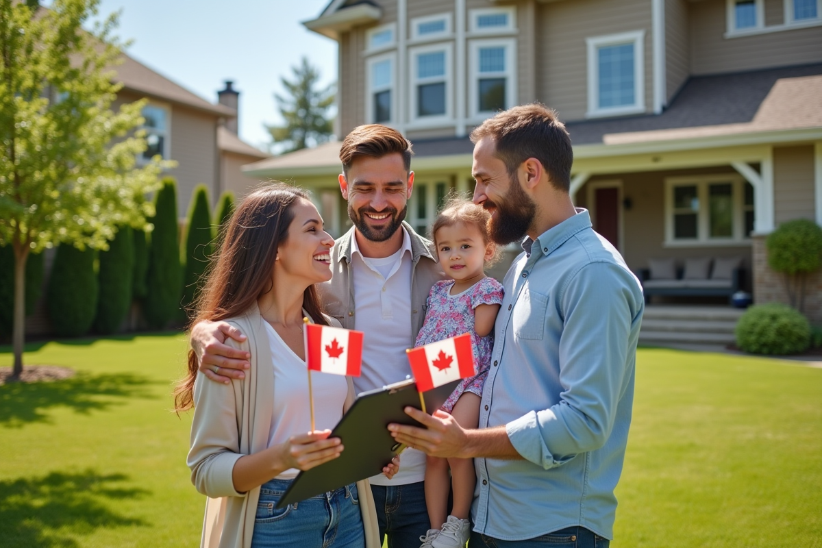 Famille canadienne souriante devant leur maison ensoleillée