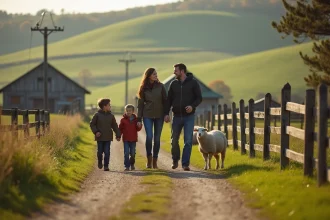 Famille se promenant sur un chemin de terre à la Ferme du Fays lors d'une matinée calme sans foule