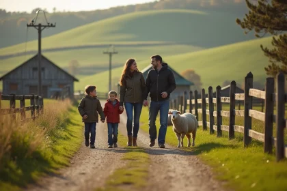 Famille se promenant sur un chemin de terre à la Ferme du Fays lors d'une matinée calme sans foule