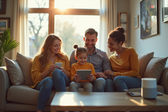 Famille dans un salon moderne utilisant des appareils connectes