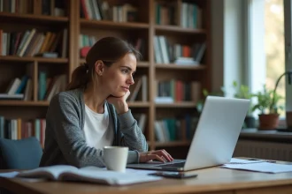 Femme inquiète regardant une fausse offre d'emploi à domicile sur son ordinateur portable dans un bureau à domicile