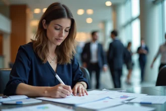 Femme d affaires en réunion dans un centre d exposition