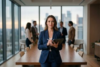 Femme d'affaires en costume navy avec tablette en réunion