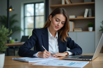 Femme d'affaires au bureau avec documents et ordinateur