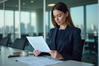 Femme d affaires en costume vérifiant un contrat de travail