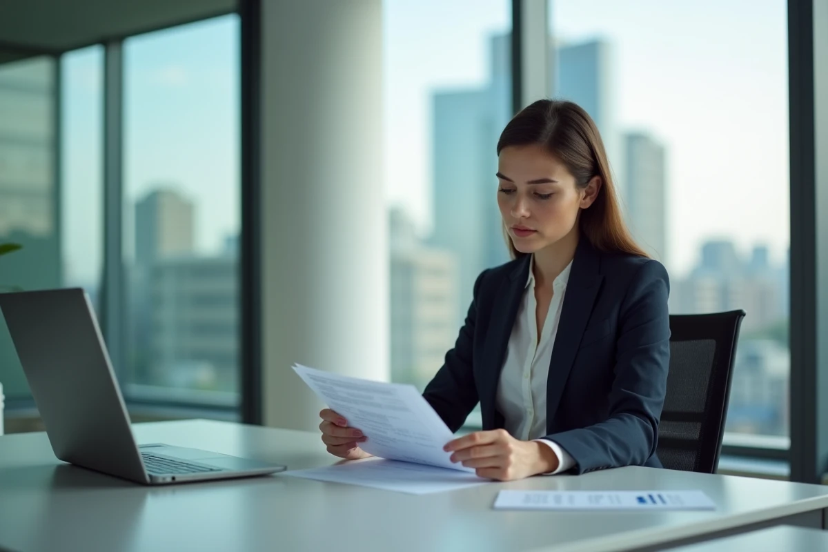 Femme d affaires examinant des documents dans un bureau moderne