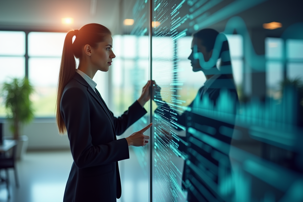Femme d'affaires analysant des données dans un bureau moderne