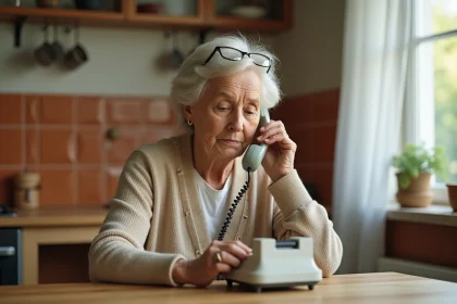Une femme âgée téléphone au service client France Télécom depuis sa cuisine, recevant une assistance adaptée aux seniors