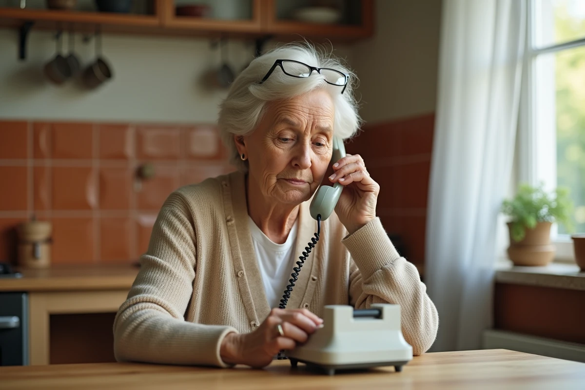 Une femme âgée téléphone au service client France Télécom depuis sa cuisine, recevant une assistance adaptée aux seniors
