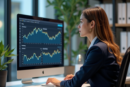 Jeune femme professionnelle analysant un tableau de bord marketing