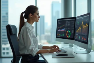 Femme en analyse de données dans un bureau moderne